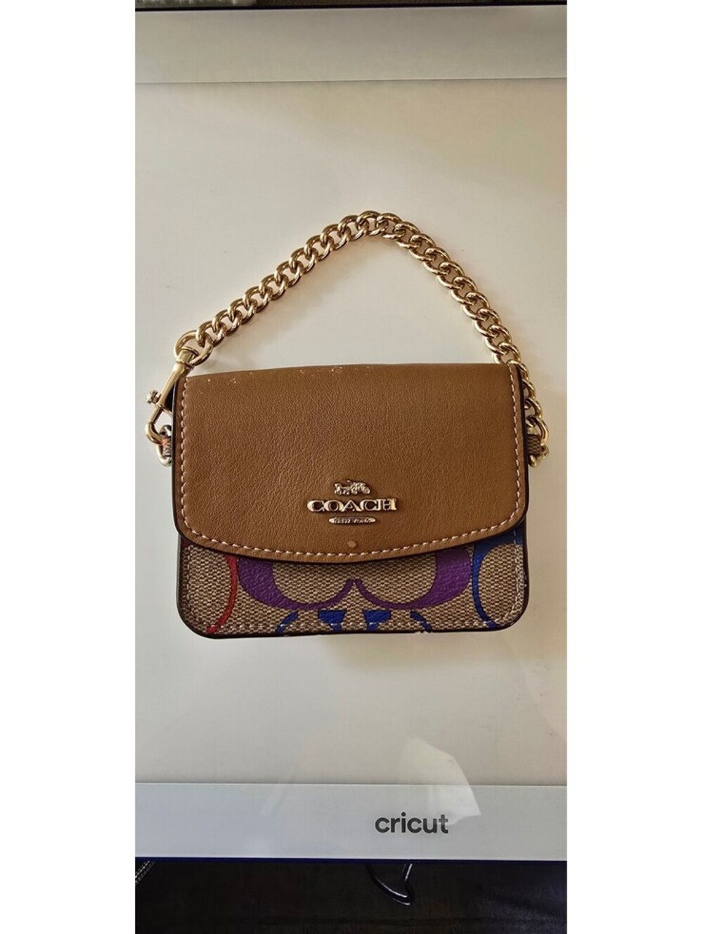 Coach Mini Signature C Rainbow Print Chain Strap Bag Wristlet Brown Multicolor
